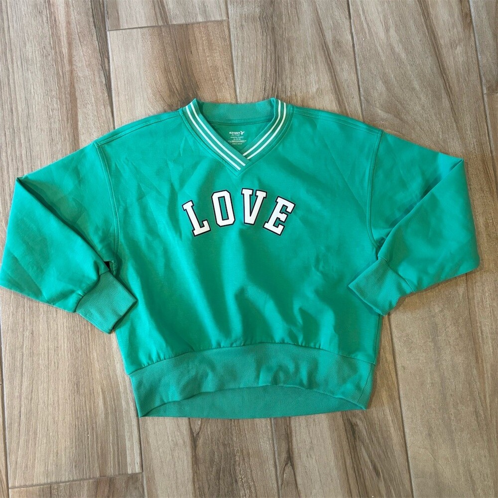 Old Navy Active Girls Sweatshirt XL 14-16 Green V-Neck LOVE Graphic